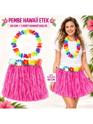 Aslanoğlu Store Hawaii Luau Ha Pembe Püsküllü 40 cm Etek ve Hawaii Kolye Seti
