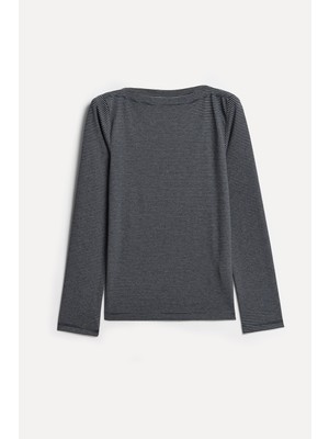 Mudo Kadın Siyah Çizgili Loose Fit Kayık Yaka Uzun Kollu T-Shirt