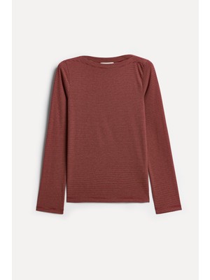 Mudo Kadın Kiremit Çizgili Loose Fit Kayık Yaka Uzun Kollu T-Shirt