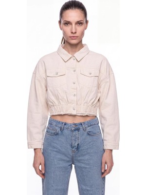 Machinist Kadın Crop Oversize Yıpratmalı Jean Ceket Bej