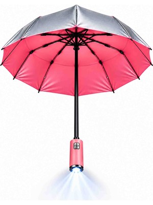 Upeka Premium Otomatik 10 Telli LED Fenerli Uv Koruma Çift Katmanlı Su Geçirmez Deri Kılıflı Şemsiye
