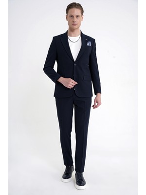 Efor Slim Fit Çift Yırtmaç Gofre Kumaş Esnek Lacivert Spor Takım Elbise TK 940
