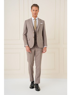 Efor Slim Fit Çift Yırtmaç Kırçıllı Dokuma Vizon Yelekli Takım Elbise TK 902