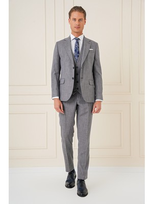 Efor Slim Fit Çift Yırtmaç Kırçıllı Dokuma Lacivert Yelekli Takım Elbise TK 902