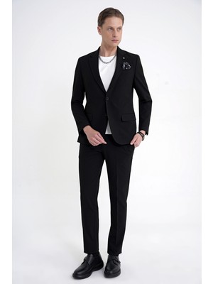 Efor Slim Fit Çift Yırtmaç Gofre Kumaş Esnek Siyah Spor Takım Elbise TK 940