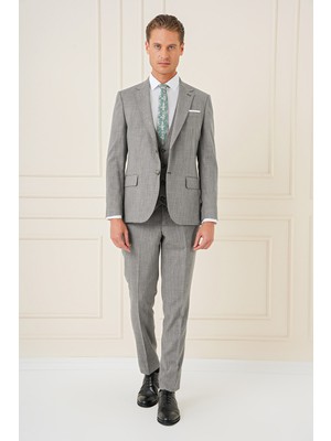 Efor Slim Fit Çift Yırtmaç Kırçıllı Dokuma Haki Yelekli Takım Elbise TK 902
