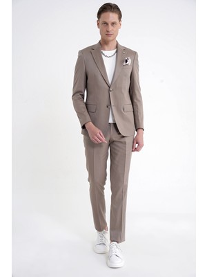 Efor Slim Fit Mono Yaka %97 Tencel Kumaş Çift Yırtmaç Esnek Bej Takım Elbise TK 941