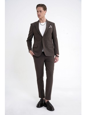 Efor Slim Fit Çift Yırtmaç Gofre Kumaş Esnek Kahverengi Spor Takım Elbise TK 940