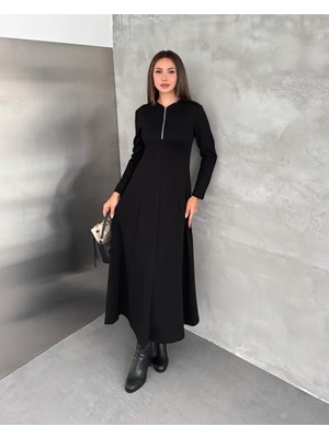 Elaxi Kadın Uzun Kollu Fermuarlı Kloş Maxi Modal Elbise