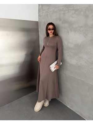 Elaxi Kadın Uzun Kollu Fermuarlı Kloş Maxi Modal Elbise