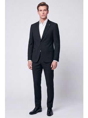 Efor Slim Fit Mono Yaka Çift Yırtmaç Esnek Yünlü Siyah Takım Elbise Tk 947