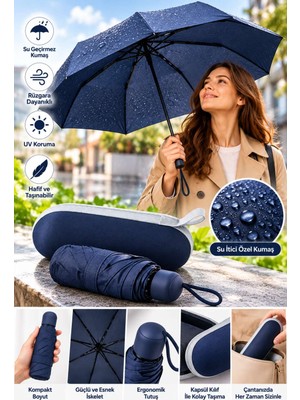 Pratik Taşınabilir Lacivert Kapsül Şemsiye Su Itici Kumaş Ergonomik Kullanım