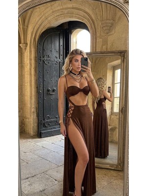Ince Askılı Çift Yırtmaçlı Kuşgözü Ip Detaylı Sexy Uzun Elbise