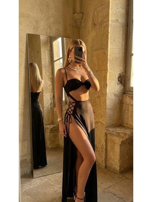 Ince Askılı Çift Yırtmaçlı Kuşgözü Ip Detaylı Sexy Uzun Elbise