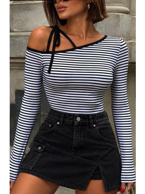 Linichandco Siyah Beyaz Çizgili Doğal Viskon Uzun Kollu Crop Bluz