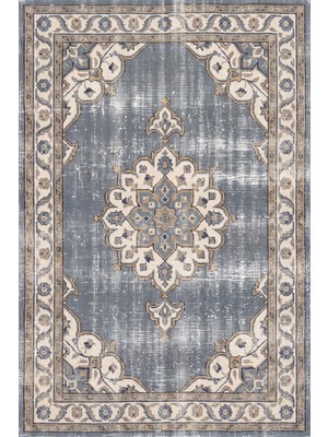 Rugzella Soluk Madalyon Desenli Vintage Gri Mavi Krem Lacivert Halı Eskitme Salon Yıkanabilir Halı
