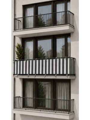 Utku Tekstil Gri Beyaz 4 Tarafı Bağcıklı Balkon Demirlik Perdesi , Mahremiyet Sağlayan Dayanıklı Dış Mekan Balkon Perdesi
