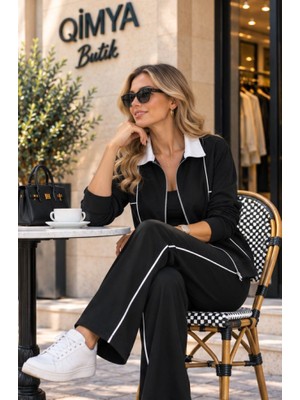 Qimya Butik Şans Life Kadın Biye Detaylı Altı Düz Ceketli Pantolonlu Alt Üst Ikili Takım