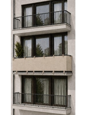 Utku Tekstil Bej 4 Tarafı Bağcıklı Balkon Demirlik Perdesi , Mahremiyet Sağlayan Dayanıklı Dış Mekan Balkon Perdesi