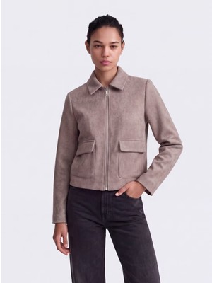 Only Onlvela Kadın Rever Yaka Fermuarlı Kısa Ceket Taupe Gray