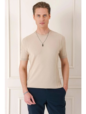 Efor Slim Fit Bisiklet Yaka Kısa Kol Bej Triko Tr 869
