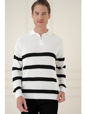 Efor Slim Fit Çizgili Fermuarlı Polo Yaka Ekru Triko Kazak TR 877