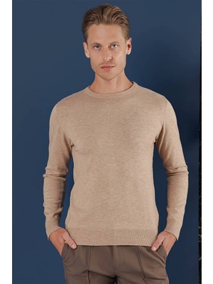 Efor Slim Fit Ribanalı Düz Bej Yünlü Bisiklet Yaka Triko Kazak TR 858