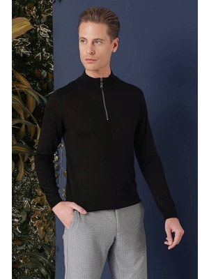 Efor Slim Fit Ribanalı Fermuarlı Yarım Balıkçı Yünlü Siyah Triko Kazak TR 861