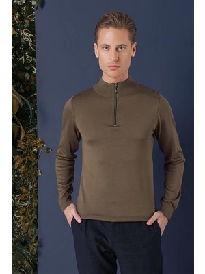 Efor Slim Fit Ribanalı Fermuarlı Yarım Balıkçı Yünlü Tütün Triko Kazak TR 861