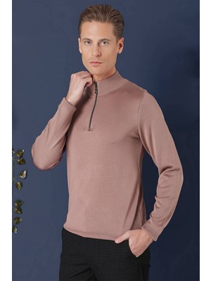 Efor Slim Fit Ribanalı Fermuarlı Yarım Balıkçı Yünlü Gül Kurusu Triko Kazak TR 861