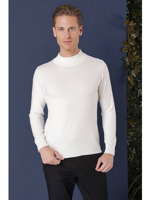 Efor Slim Fit Ribanalı Düz Ekru Yünlü Yarım Balılçı Triko Kazak TR 863