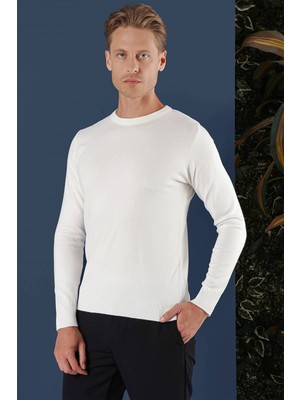 Efor Slim Fit Ribanalı Düz Ekru Yünlü Bisiklet Yaka Triko Kazak TR 858