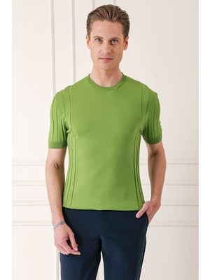 Efor Slim Fit Bisiklet Yaka Kısa Kol Yeşil Triko Tr 869