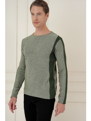 Efor Slim Fit Yandan Ribana Modelli Haki Bisiklet Yaka Triko Kazak TR 871