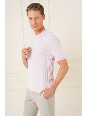 Efor Slim Fit Bisiklet Yaka Kısa Kol Pembe Triko Tr 869