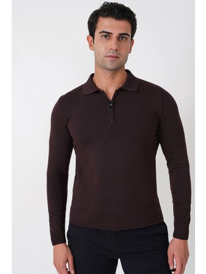 Efor Slim Fit Esnek Pamuklu Fermuarlı Polo Yaka Kahverengi Triko Tr 902