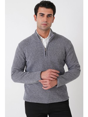 Efor Comfort Fit Fermuarlı Yarım Balıkçı Yaka Ribanalı Gri Triko Tr 897