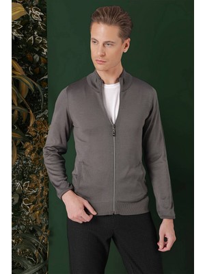 Efor Slim Fit Ribanalı Füme Yünlü Fermuarlı Hırka Triko Kazak TR 860