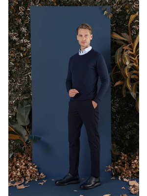 Efor Slim Fit Ribanalı Düz Lacivert Yünlü Bisiklet Yaka Triko Kazak TR 858