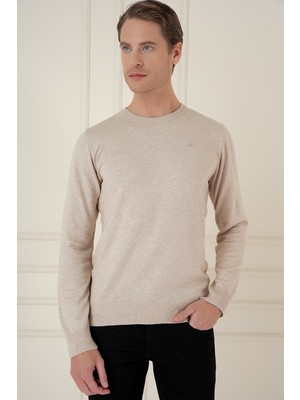 Efor Slim Fit Ribanalı Düz Bej Yünlü Bisiklet Yaka Triko Kazak Tr 900