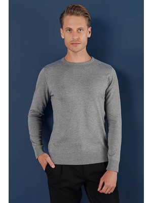 Efor Slim Fit Ribanalı Düz Gri Yünlü Bisiklet Yaka Triko Kazak TR 858