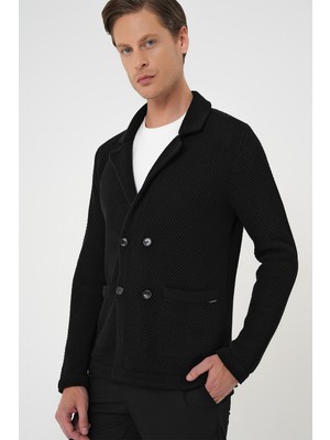 Efor Slim Fit Ceket Yaka Torba Cep Kruvaze Siyah Yünlü Örme Triko Ceket 01
