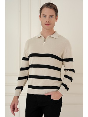 Efor Slim Fit Çizgili Fermuarlı Polo Yaka Bej Triko Kazak TR 877