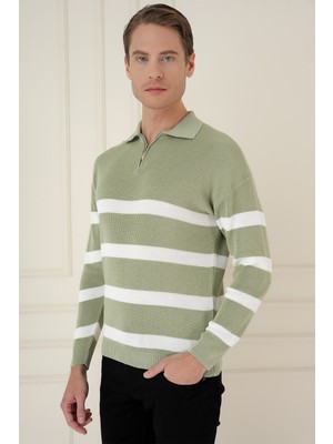 Efor Slim Fit Çizgili Fermuarlı Polo Yaka Yeşil Triko Kazak TR 877