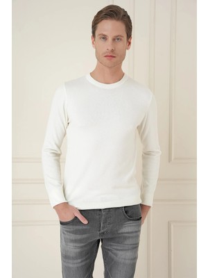 Efor Slim Fit Ribanalı Düz Ekru Yünlü Bisiklet Yaka Triko Kazak Tr 900