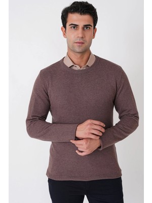 Efor Slim Fit Ribanalı Düz Sütlü Kahve Yünlü Bisiklet Yaka Triko Kazak Tr 900