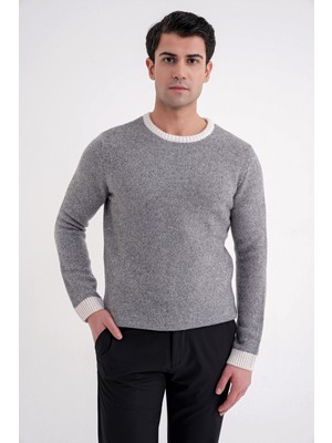 Efor Slim Fit Renkli Ribanalı Ekru Gri Yünlü Bisiklet Yaka Triko Kazak TR 890