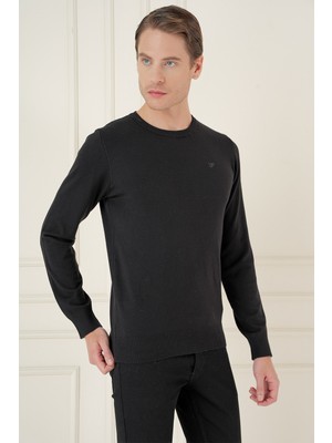 Efor Slim Fit Ribanalı Düz Siyah Yünlü Bisiklet Yaka Triko Kazak Tr 900
