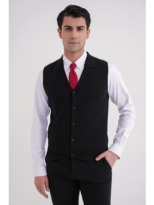 Efor Slim Fit Ceket Yaka Düğmeli Siyah Yünlü Triko Yelek Try 012