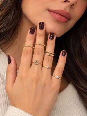 Ayen Accessories Çelik Yüzük Seti Kadın Gold 6 Lı Yüzük Seti Eklem Yüzüğü Şık Zarif Taşlı Yüzük Seti 17 mm